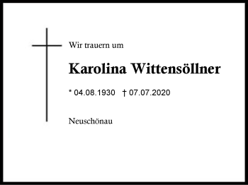 Traueranzeige von Karolina Wittensöllner von Region Berchtesgadener Land