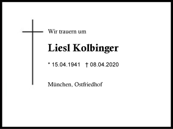 Traueranzeige von Liesl Kolbinger von Region Berchtesgadener Land