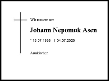 Traueranzeige von Johann Nepomuk Asen von Region Berchtesgadener Land