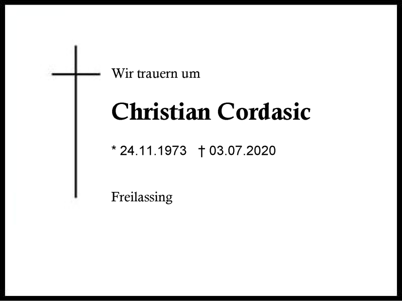  Traueranzeige für Christian  Cordasic vom 09.07.2020 aus Region Berchtesgadener Land