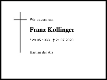 Traueranzeige von Franz Kollinger von Region Berchtesgadener Land