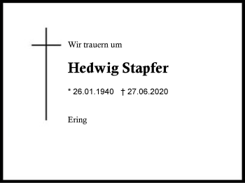 Traueranzeige von Hedwig Stapfer von Region Berchtesgadener Land