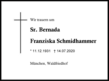 Traueranzeige von Franziska Schmidhammer von Region Berchtesgadener Land