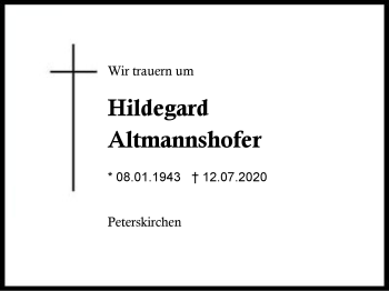 Traueranzeige von Hildegard Altmannshofer von Region Berchtesgadener Land