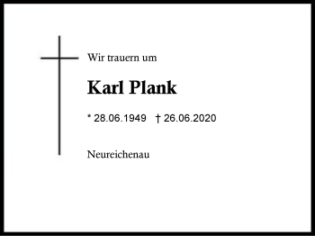 Traueranzeige von Karl  Plank von Region Berchtesgadener Land