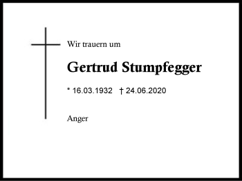 Traueranzeige von Gertrud Stumpfegger von Region Berchtesgadener Land