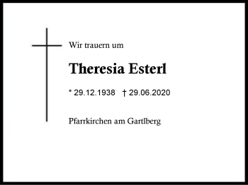 Traueranzeige von Theresia Esterl von Region Berchtesgadener Land