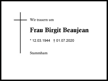 Traueranzeige von Birgit Beaujean von Region Berchtesgadener Land