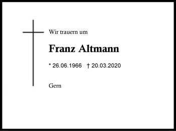 Traueranzeige von Franz Altmann von Region Berchtesgadener Land