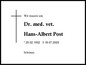 Traueranzeige von Hans-Albert  Post von Region Berchtesgadener Land