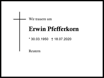 Traueranzeige von Erwin Pfefferkorn von Region Berchtesgadener Land