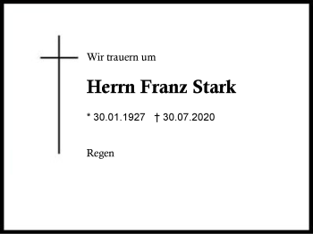 Traueranzeige von Franz Stark von Region Berchtesgadener Land