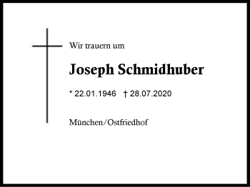 Traueranzeige von Joseph Schmidhuber von Region Berchtesgadener Land