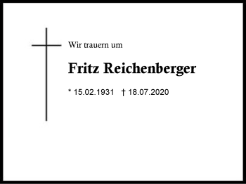 Traueranzeige von Fritz Reichenberger von Region Chiemgau