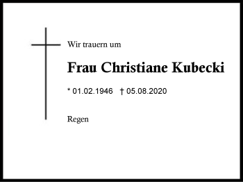 Traueranzeige von Christiane Kubecki von Region Berchtesgadener Land