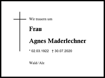 Traueranzeige von Agnes Maderlechner von Region Berchtesgadener Land