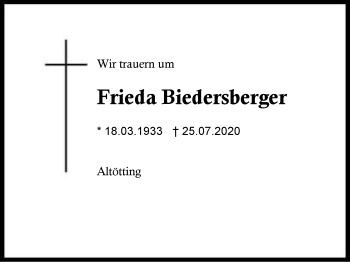 Traueranzeige von Frieda Biedersberger von Region Berchtesgadener Land