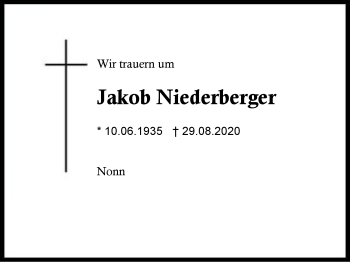 Traueranzeige von Jakob Niederberger von Region Berchtesgadener Land