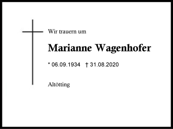 Traueranzeige von Marianne Wagenhofer von Region Berchtesgadener Land