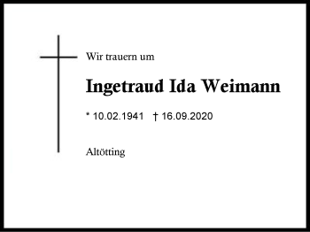 Traueranzeige von Ingetraud Ida Weimann von Region Berchtesgadener Land