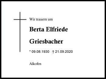 Traueranzeige von Berta Elfriede Griesbacher von Region Berchtesgadener Land