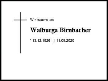 Traueranzeige von Walburga Birnbacher von Region Berchtesgadener Land