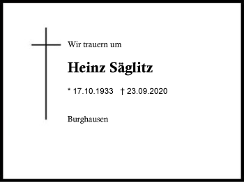 Traueranzeige von Heinz  Säglitz von Region Berchtesgadener Land