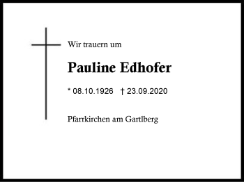 Traueranzeige von Pauline Edhofer von Region Berchtesgadener Land