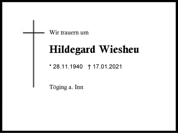 Traueranzeige von Hildegard Wiesheu von Region Berchtesgadener Land