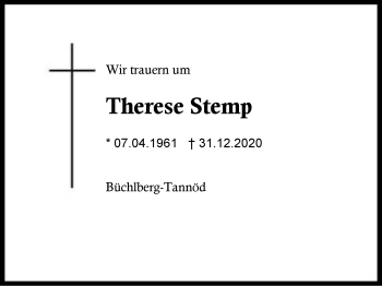 Traueranzeige von Therese Stemp von Region Berchtesgadener Land