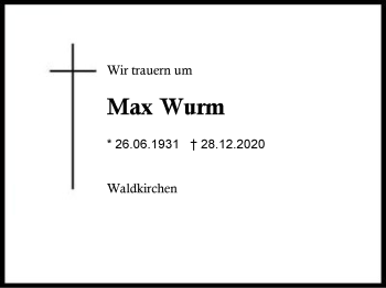 Traueranzeige von Max Wurm von Region Berchtesgadener Land