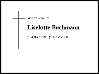 Traueranzeige von Liselotte Buchmann von Region Berchtesgadener Land