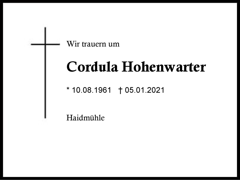  Traueranzeige für Cordula Hohenwarter vom 15.01.2021 aus Region Berchtesgadener Land