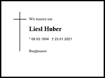 Traueranzeige von Liesl Huber von Region Berchtesgadener Land