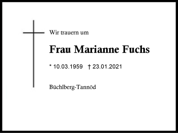 Traueranzeige von Marianne Fuchs von Region Berchtesgadener Land