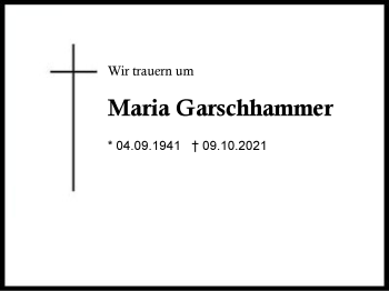 Traueranzeige von Maria Garschhammer von Region Traunstein