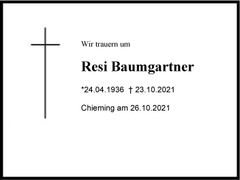 Traueranzeige von Resi Baumgartner von Chiemgau