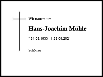 Traueranzeige von Hans-Joachim Mühle von Region Chiemgau