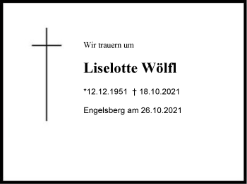 Traueranzeige von Liselotte Wölfl von Chiemgau