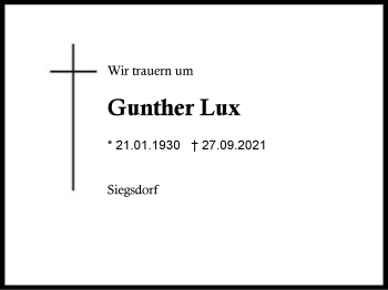 Traueranzeige von Gunther Lux von Region Chiemgau