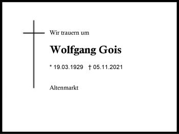 Traueranzeige von Wolfgang Gois von Region Traunstein