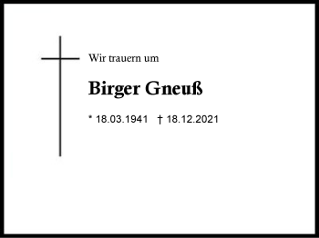 Traueranzeige von Birger Gneuß von Region Chiemgau