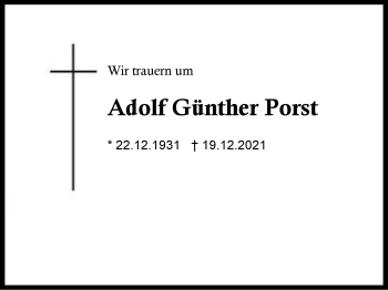 Traueranzeige von Adolf Günther Porst von Region Traunstein