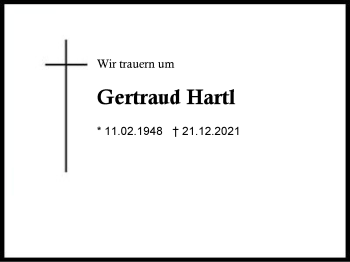 Traueranzeige von Gertraud Hartl von Region Berchtesgadener Land