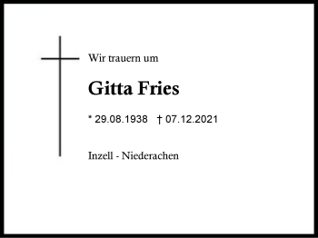 Traueranzeige von Gitta Fries von Region Chiemgau