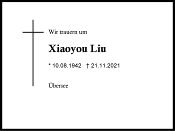 Traueranzeige von Xiaoyou Liu von Region Chiemgau