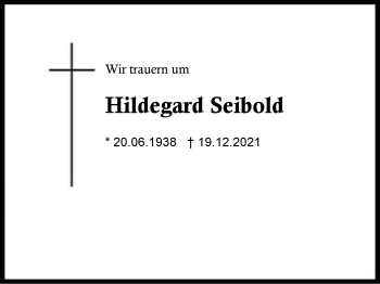 Traueranzeige von Hildegard Seibold von Region Chiemgau
