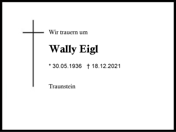 Traueranzeige von Wally Eigl von Region Chiemgau