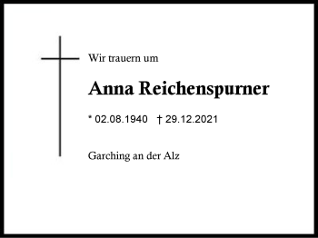 Traueranzeige von Anna Reichenspurner von Region Traunstein