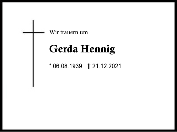 Traueranzeige von Gerda Hennig von Region Chiemgau